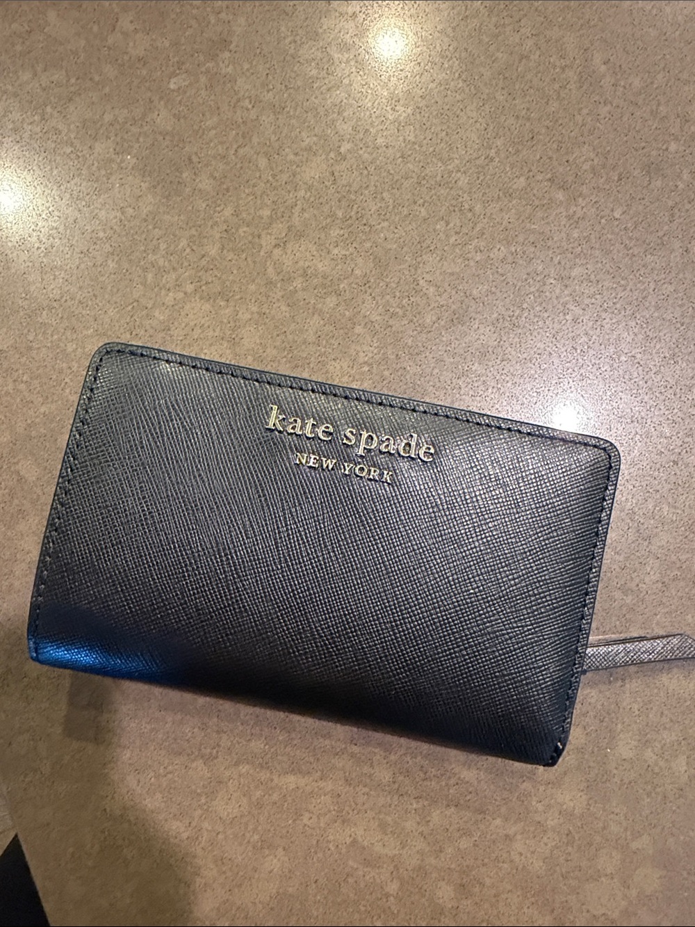 kate spade Black Saffiano Leather Zip Wallet with Gold Logo